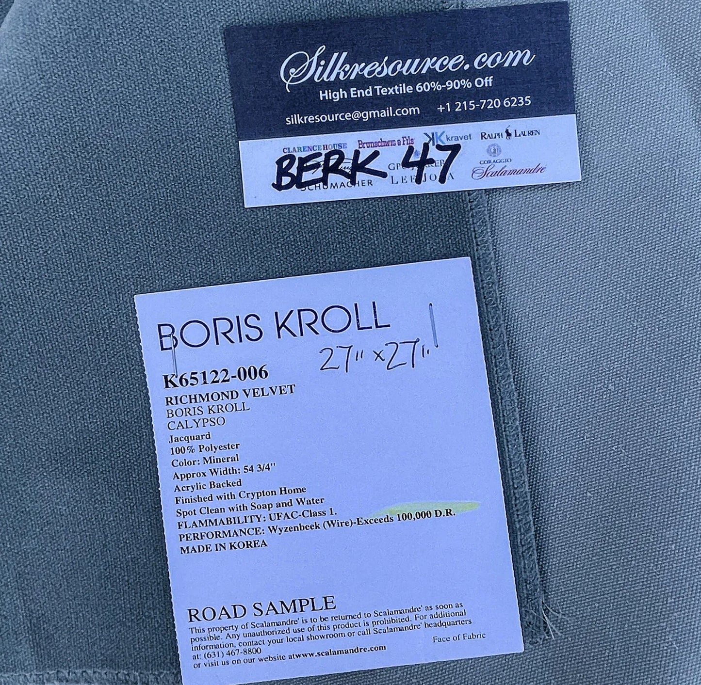 14 Berkbox47 27″x 27″ Square Boris Kroll Richmond Velvet Mineral 100% Polyester Gray