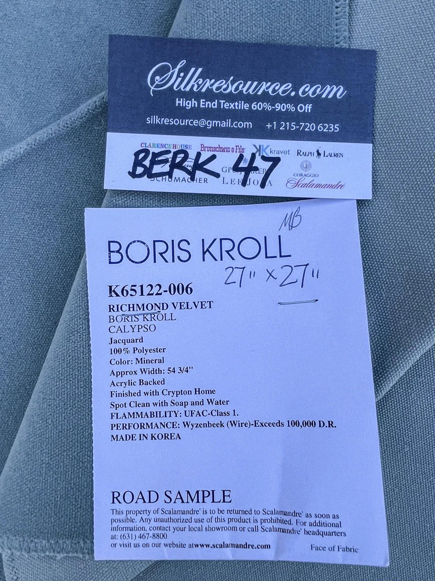15 Berkbox47 27″x 27″ Square Boris Kroll Richmond Velvet Mineral 100% Polyester Gray