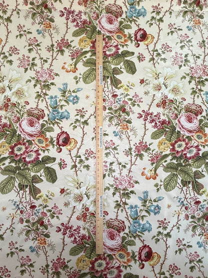Claire Austin English Cottage Climbing Rose Bluebell Chintz Print Red Green Pink Yellow on Pale Pink 100% Cotton MSRP USD 355/Y
