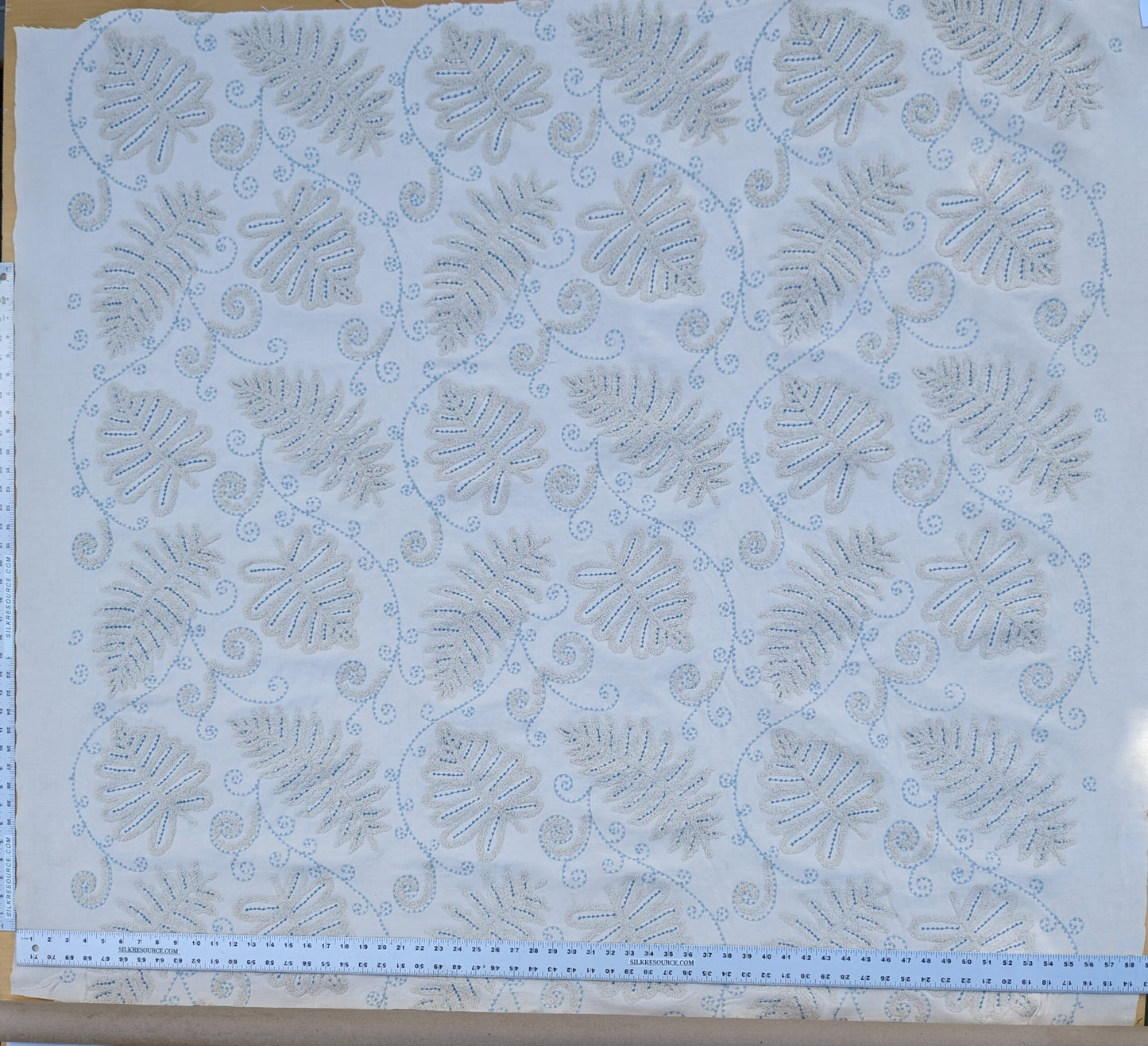 Scalamandre  Fossils Blue Embroidery Fern Trilobite Paisley Heavy Cotton Blue on White MSRP USD372/y