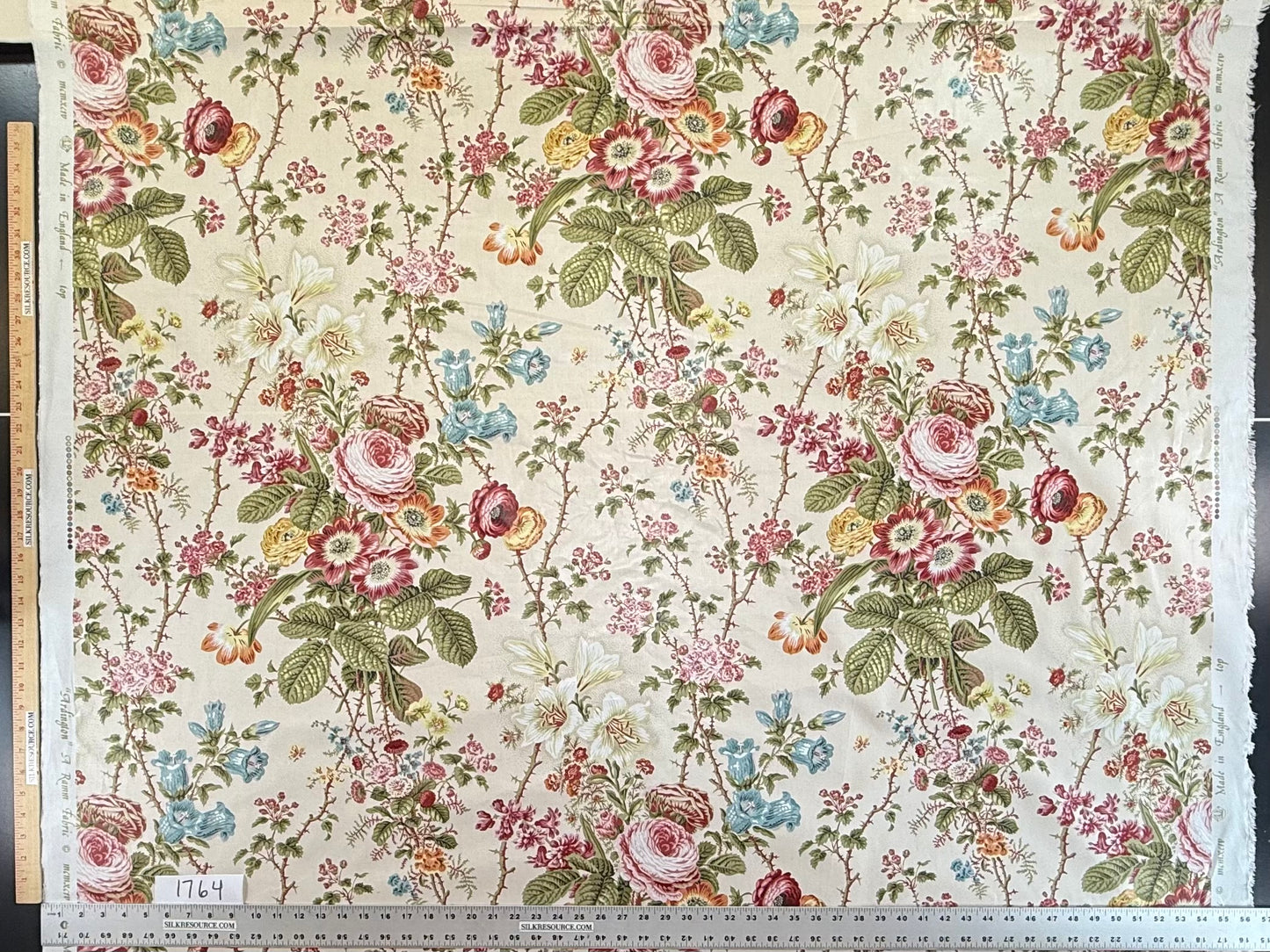 Claire Austin English Cottage Climbing Rose Bluebell Chintz Print Red Green Pink Yellow on Pale Pink 100% Cotton MSRP USD 355/Y