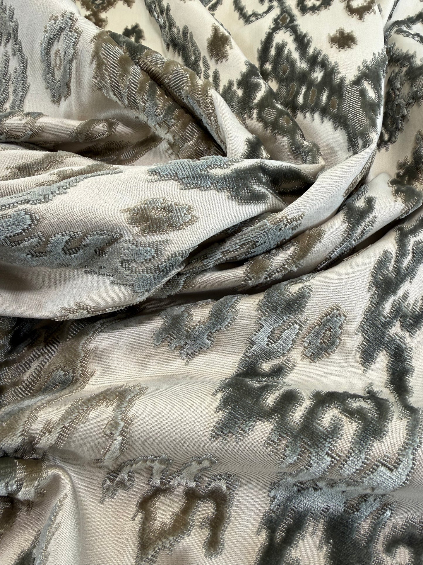 Scalamandre Tai Lao Slate Gray Beige Velvet Ikat Paisley Viscose Cotton - 2.4 yards- MSRP USD 532/y
