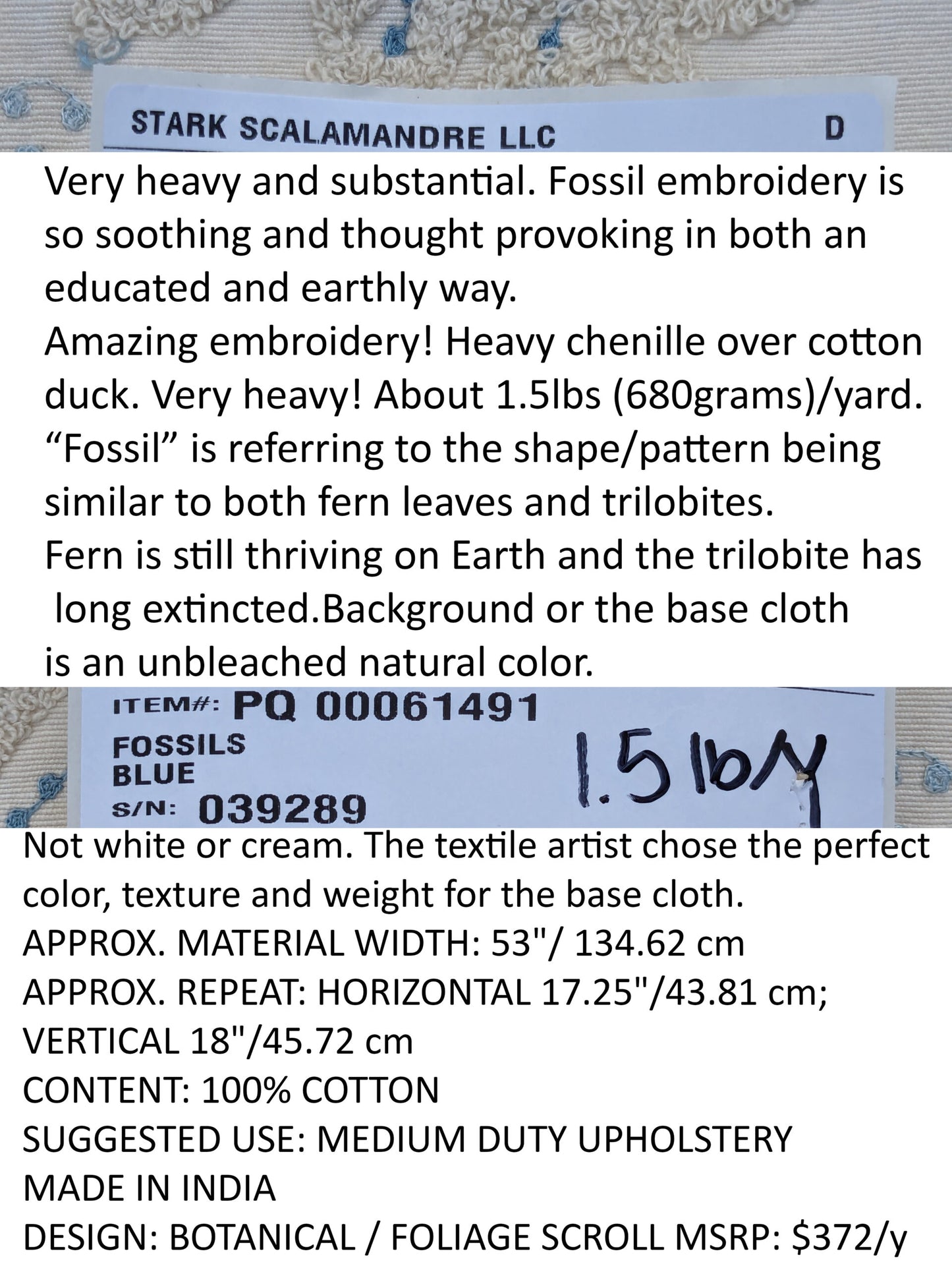 Scalamandre  Fossils Blue Embroidery Fern Trilobite Paisley Heavy Cotton Blue on White MSRP USD372/y