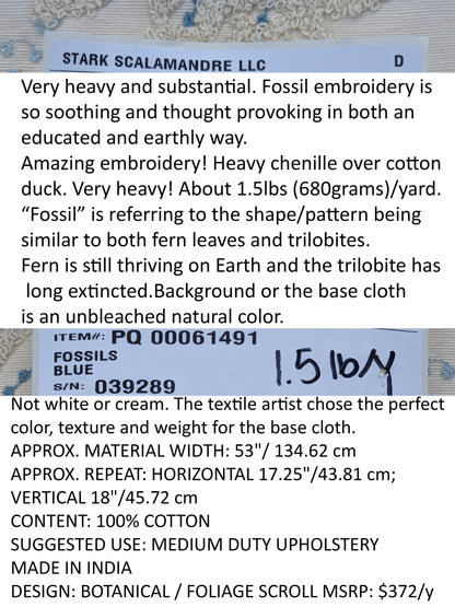 Scalamandre  Fossils Blue Embroidery Fern Trilobite Paisley Heavy Cotton Blue on White MSRP USD372/y