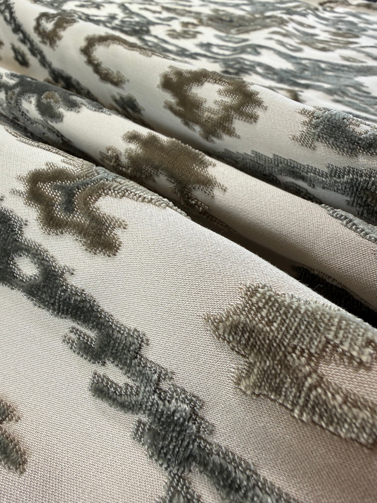 Scalamandre Tai Lao Slate Gray Beige Velvet Ikat Paisley Viscose Cotton - 2.4 yards- MSRP USD 532/y