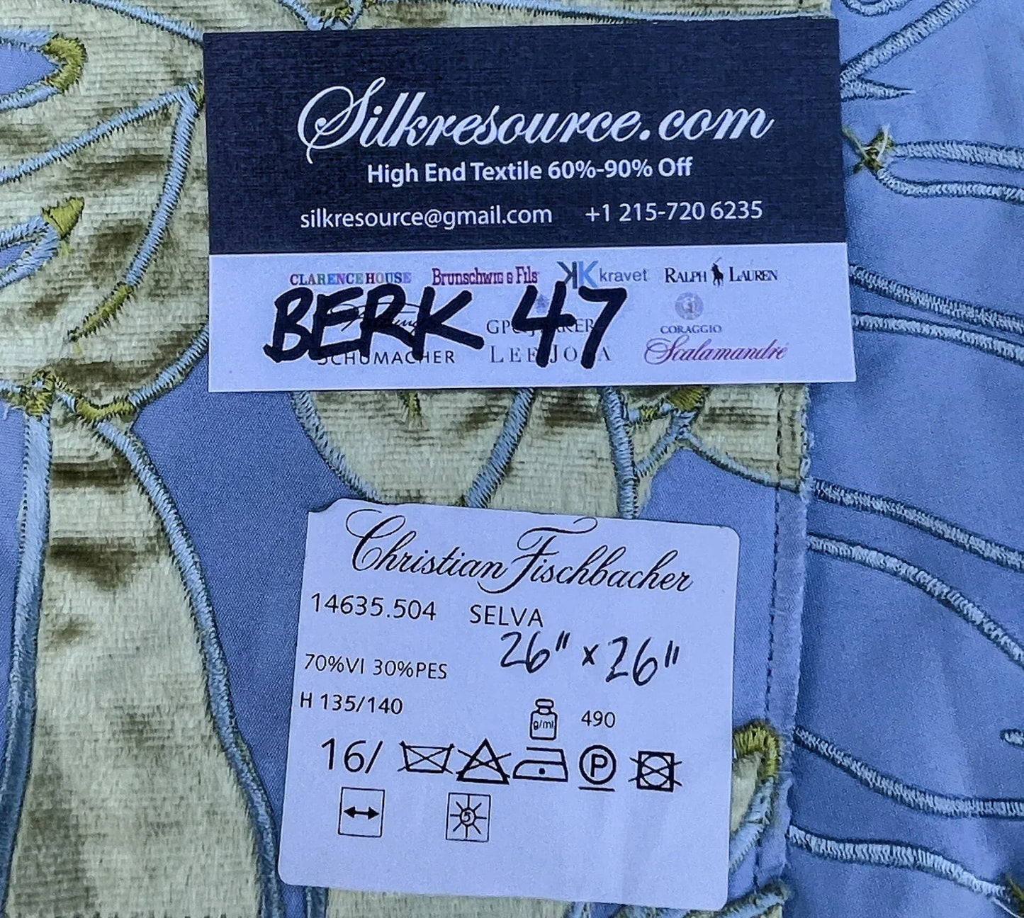 26 Berkbox47 26″x 26″ Square  Scalamandre Christian Fischbacher SELVA Tropical Green Blue