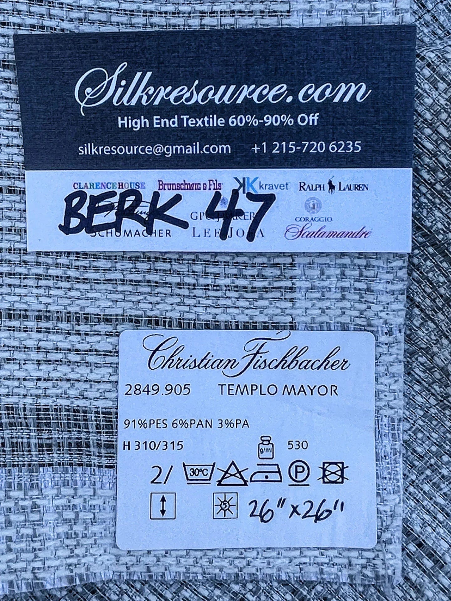 27 Berkbox47 26″x 26″ Square  Scalamandre Christian Fischbacher TEMPLO MAYOR Texture White Gray