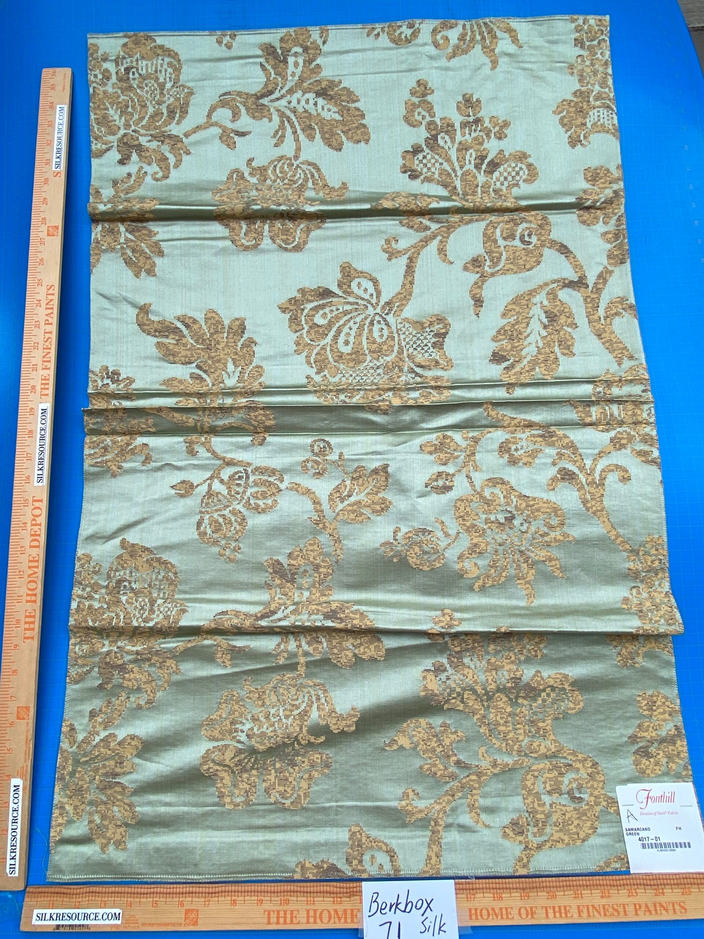 69 Berkbox71 Square Silk by Fonthill Samarcand Green Copper Gold Silk Damask MSRP USD 412/y