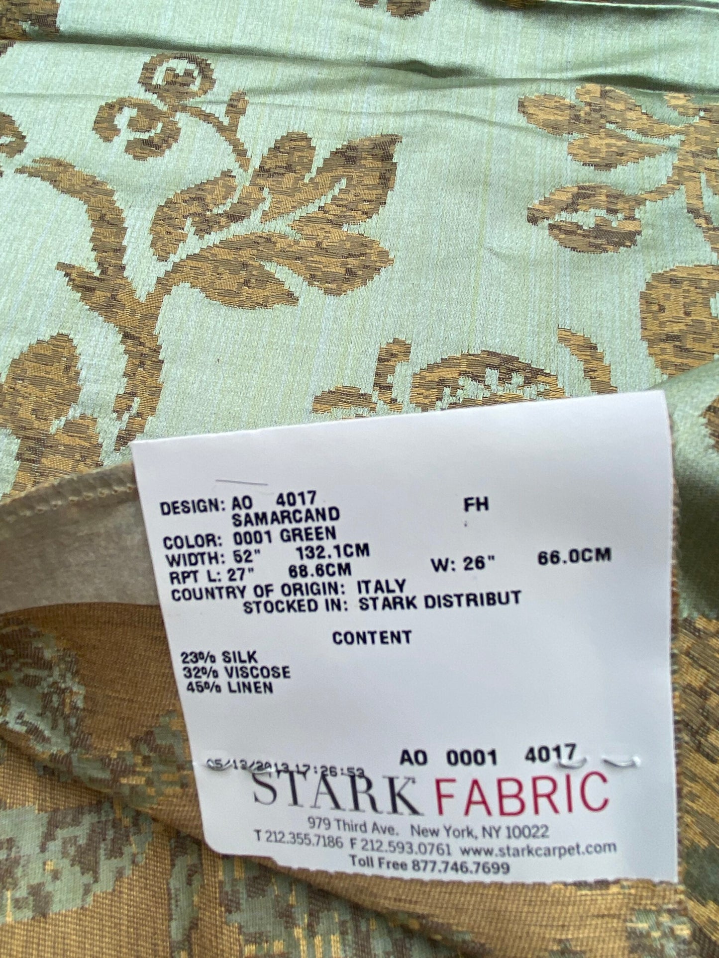 69 Berkbox71 Square Silk by Fonthill Samarcand Green Copper Gold Silk Damask MSRP USD 412/y