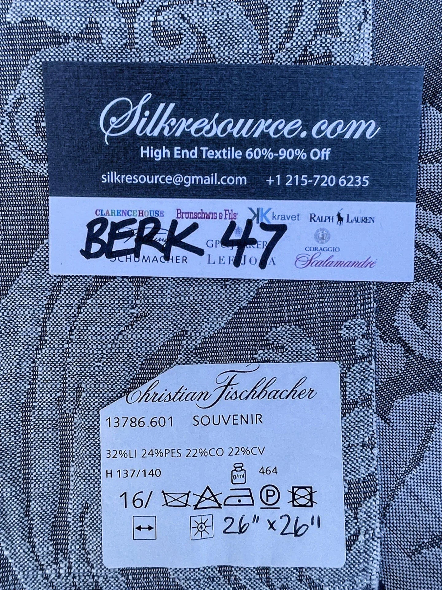 32 Berkbox47 27″x 27″ Square  Scalamandre Christian Fischbacher SOUVENIR Gray Renaissance Velvet