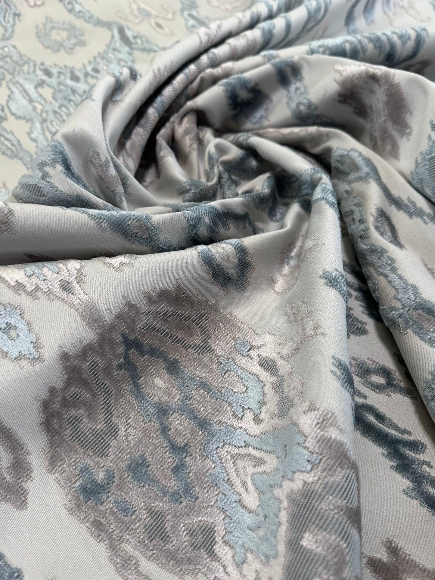 Scalamandre  Tai Lao Mist Blue Brown Velvet Ikat Paisley Viscose Cotton MSRP USD 532/y