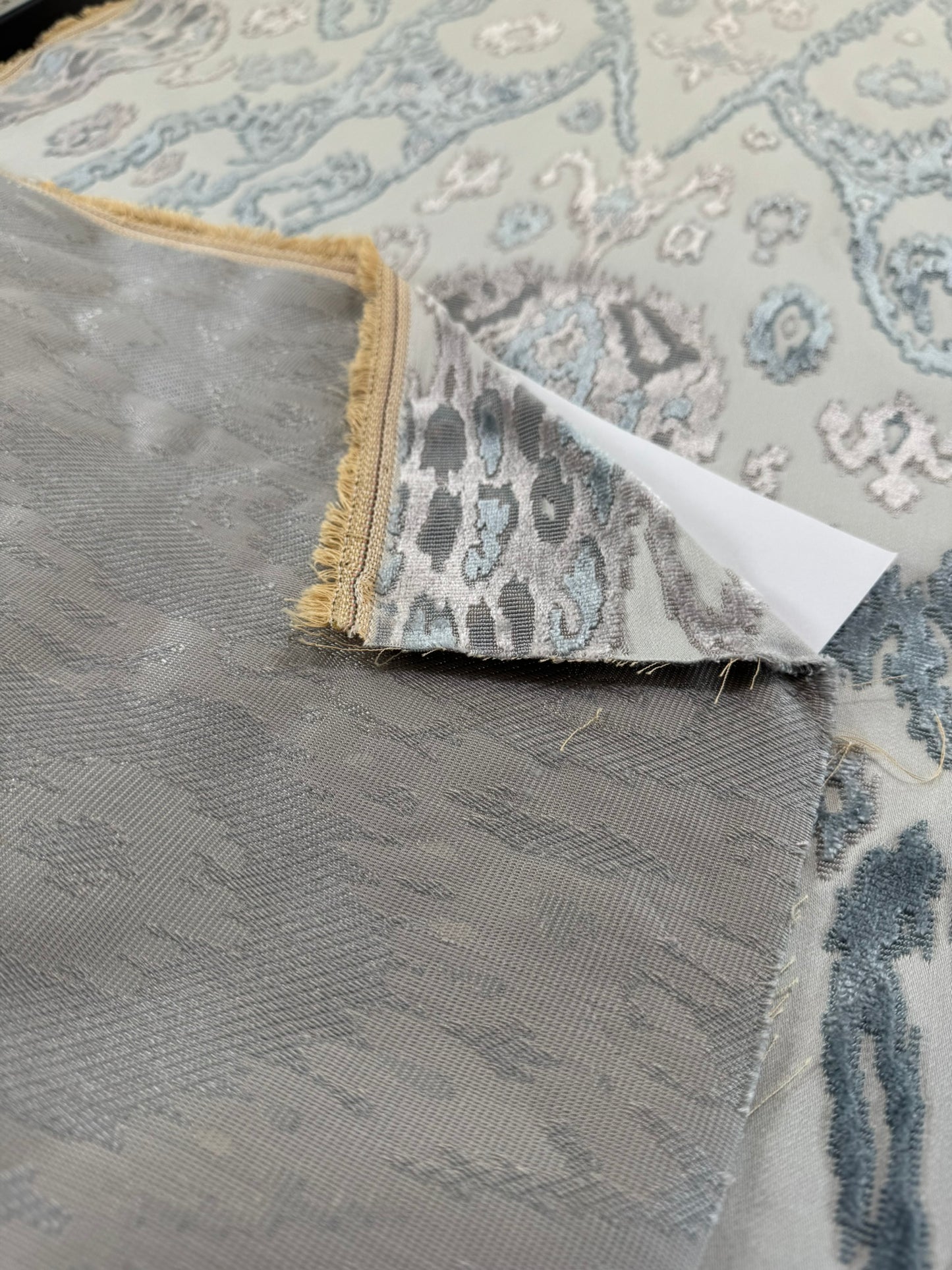 Scalamandre  Tai Lao Mist Blue Brown Velvet Ikat Paisley Viscose Cotton MSRP USD 532/y