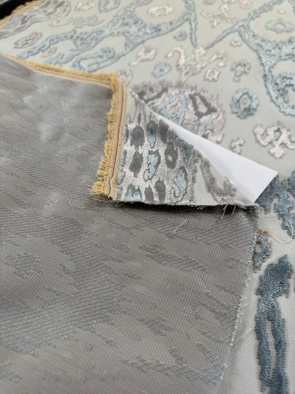 Scalamandre  Tai Lao Mist Blue Brown Velvet Ikat Paisley Viscose Cotton MSRP USD 532/y
