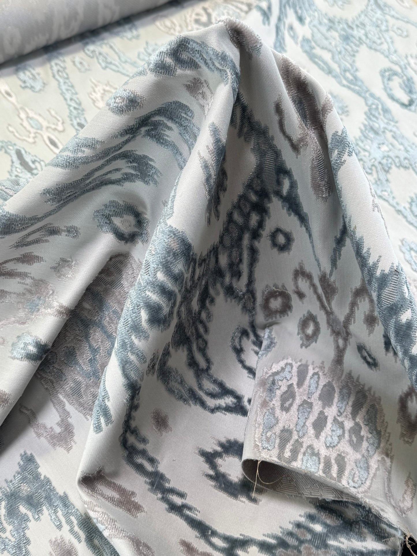 Scalamandre  Tai Lao Mist Blue Brown Velvet Ikat Paisley Viscose Cotton MSRP USD 532/y
