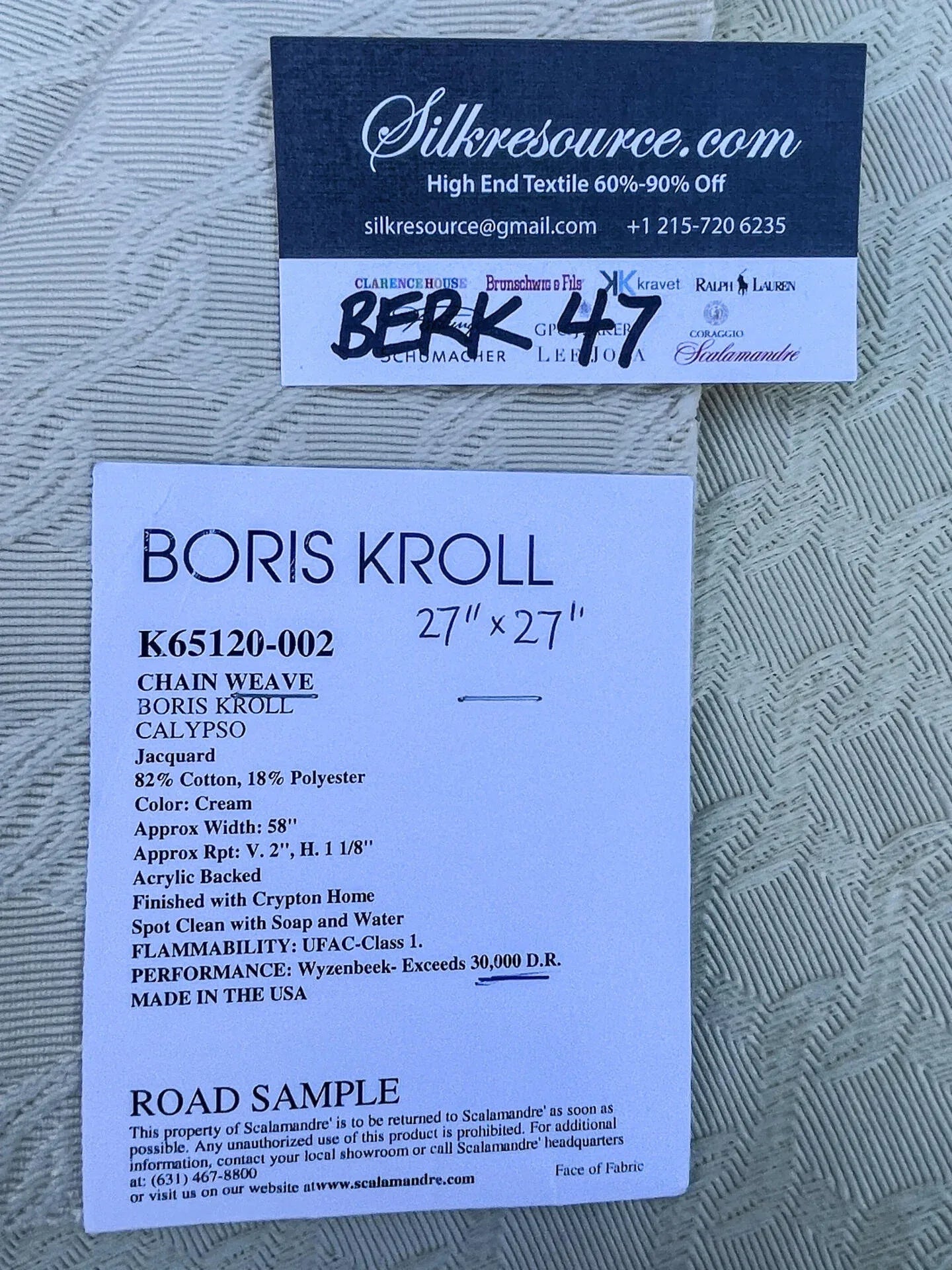 35 Berkbox47 27″x 27″ Square  Scalamandre Boris Kroll Chain Weave Cream Diamond Ogee