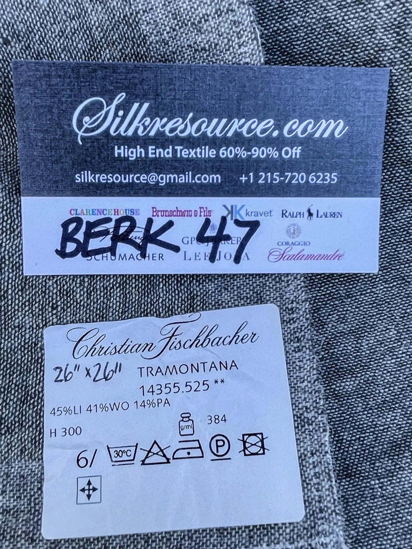 36 Berkbox47 26″x 26″ Square  Scalamandre Christian Fischbacher TRAMONTANA Black Texture