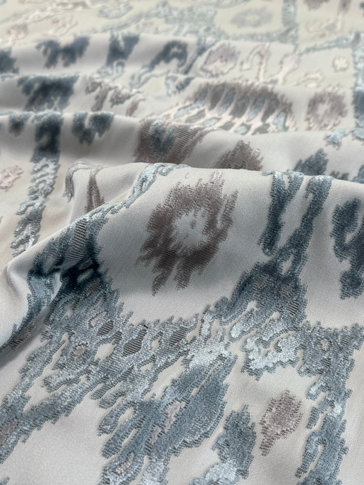 Scalamandre  Tai Lao Mist Blue Brown Velvet Ikat Paisley Viscose Cotton MSRP USD 532/y