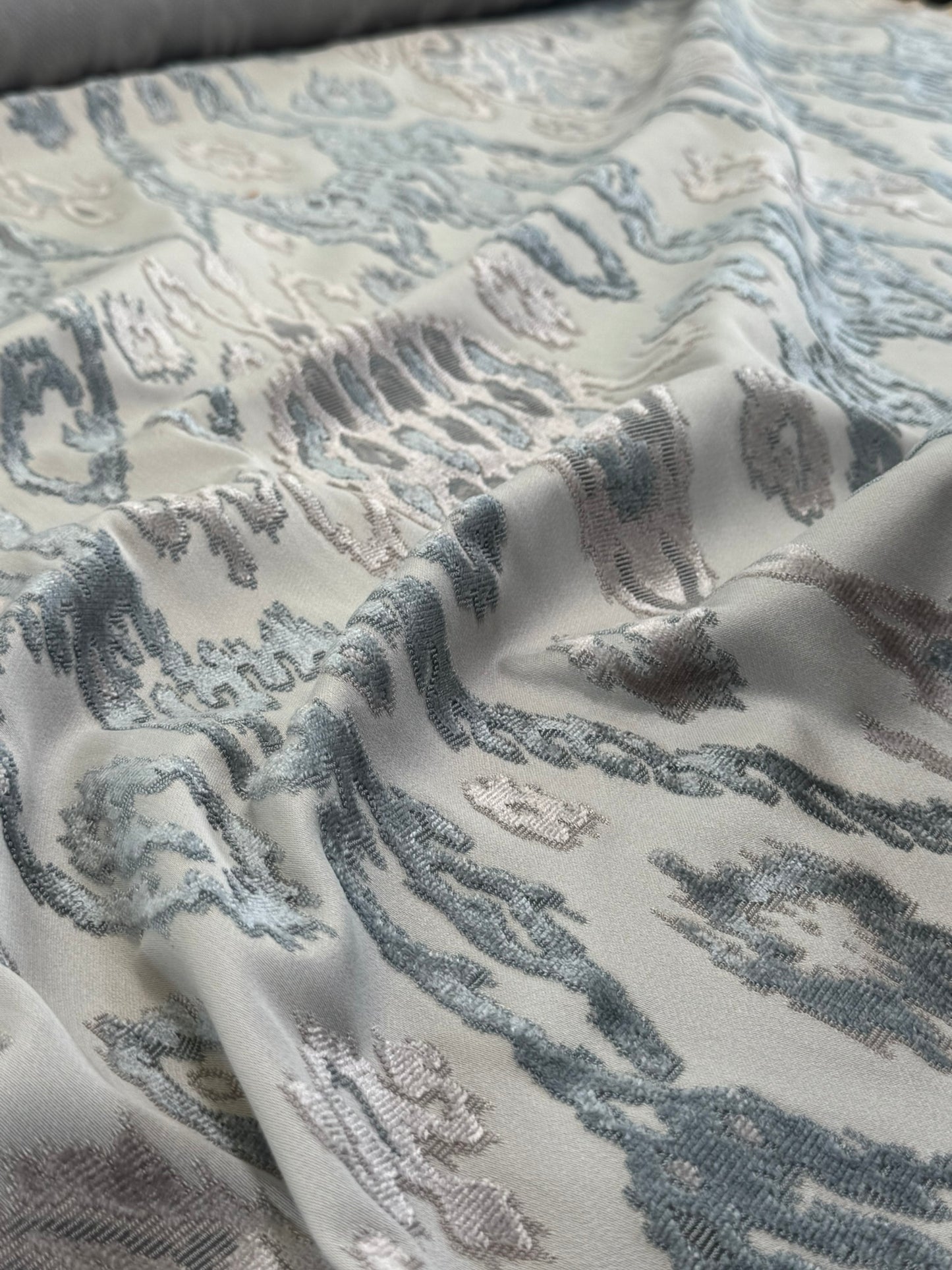 Scalamandre  Tai Lao Mist Blue Brown Velvet Ikat Paisley Viscose Cotton MSRP USD 532/y