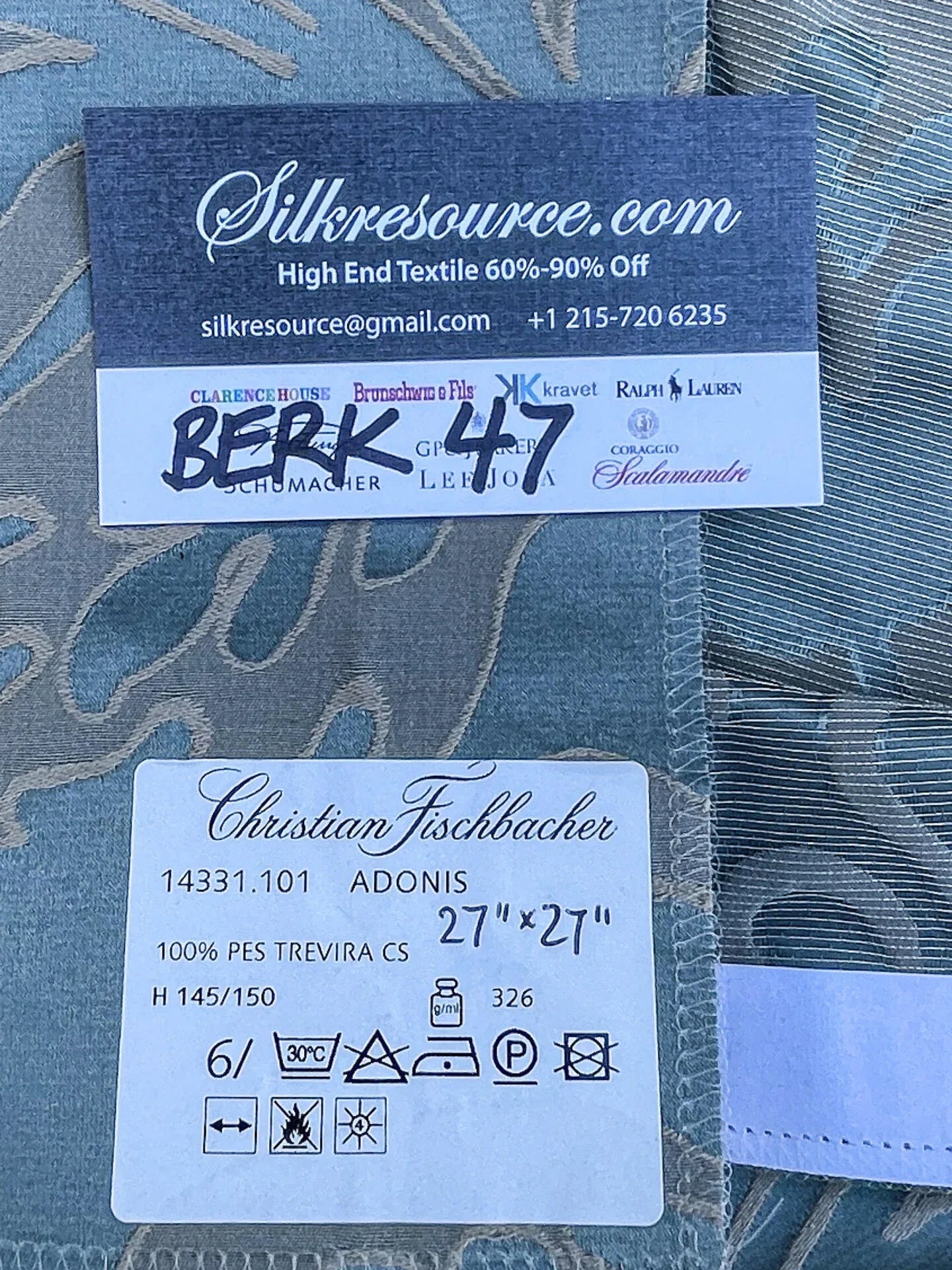 37 Berkbox47 27″x 27″ Square  Scalamandre Christian Fischbacher ADONIS Blue Gray Damask