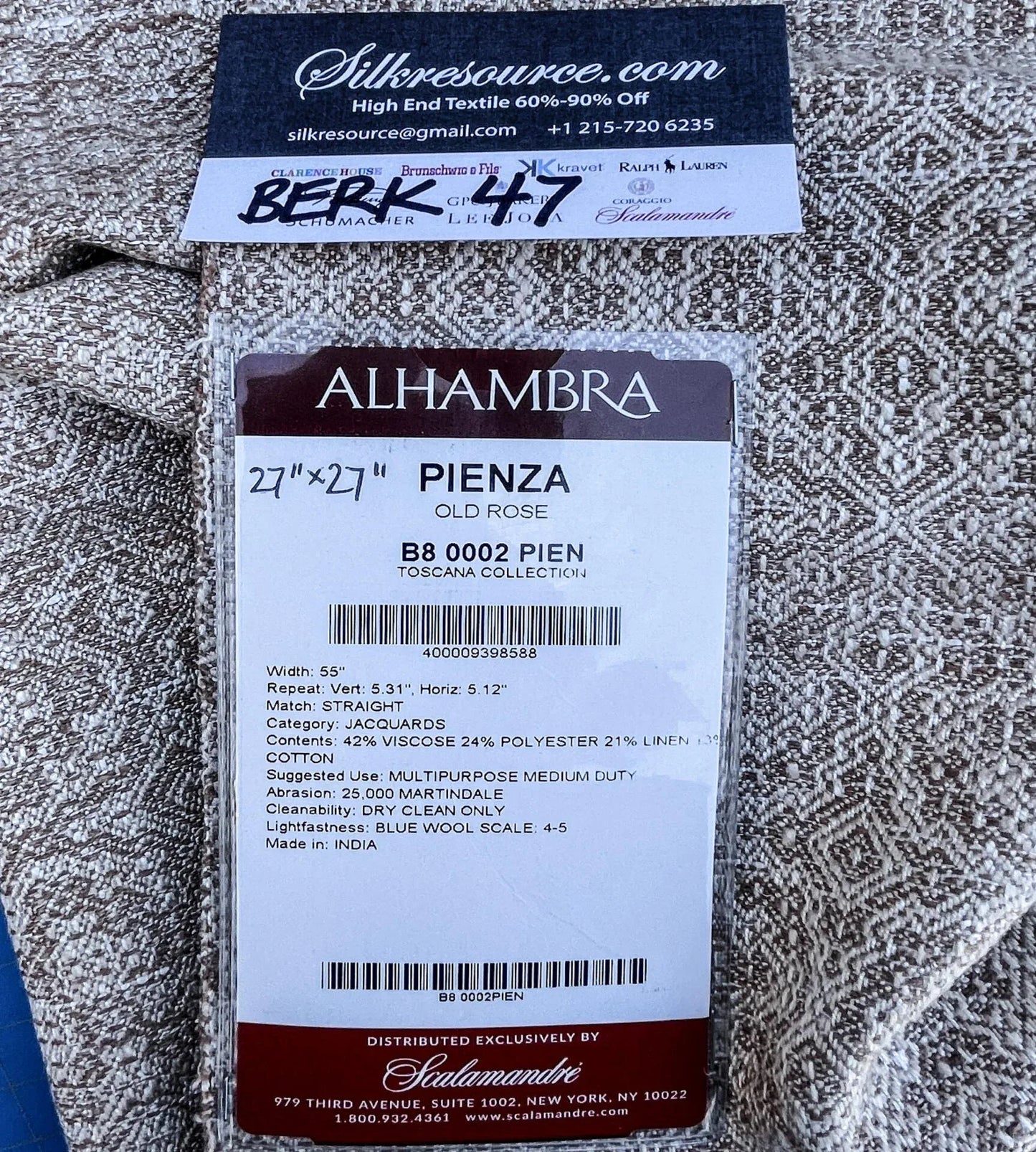 43 Berkbox47 27″x 27″ Square Scalamandre PIENZA Old Rose Abstract Geometric Brown Beige