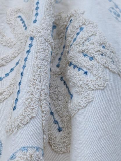 Scalamandre  Fossils Blue Embroidery Fern Trilobite Paisley Heavy Cotton Blue on White MSRP USD372/y