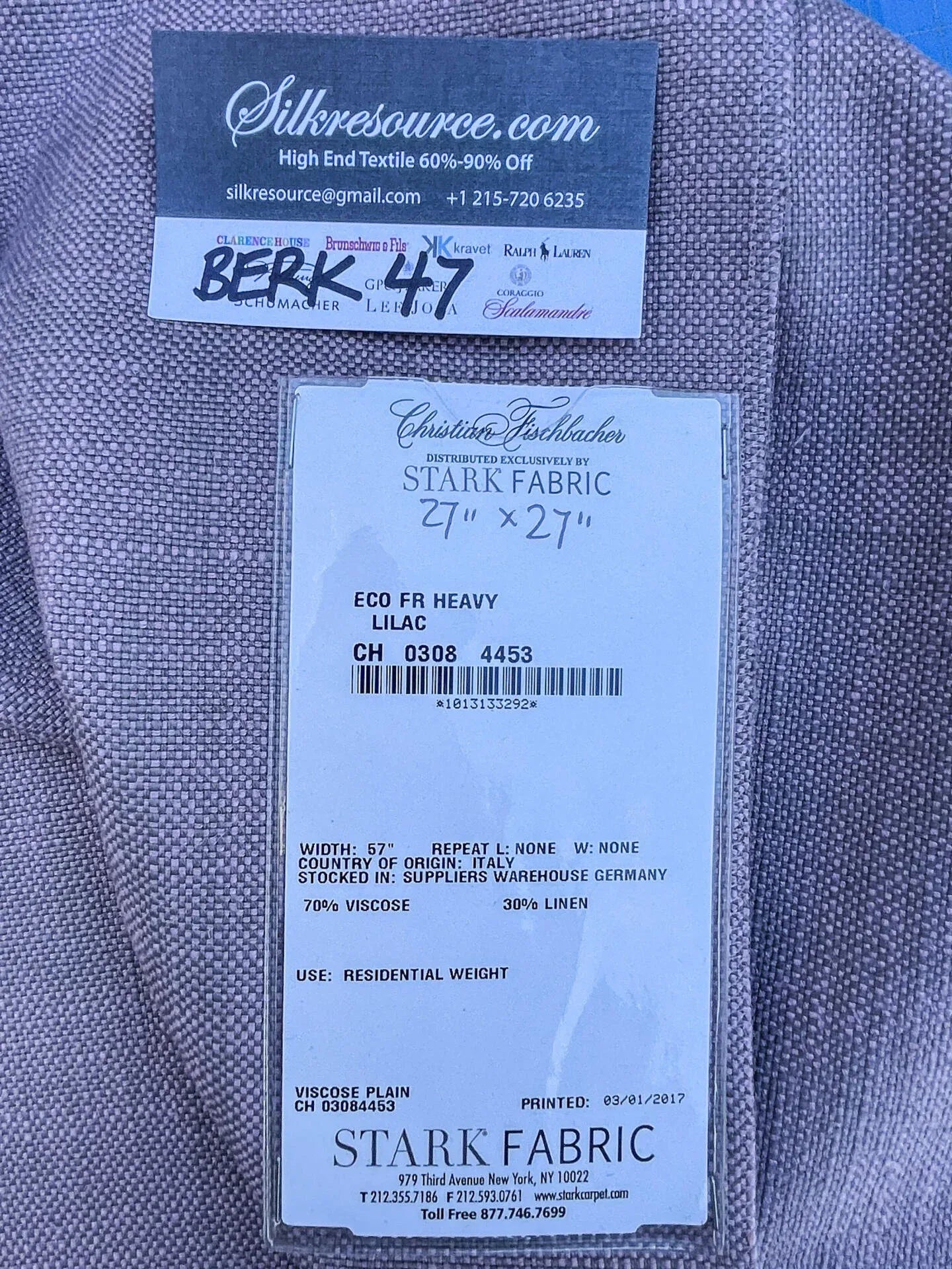 46 Berkbox47 27″x 27″ Square Scalamandre ECO FR HEAVY LILAC Purple Viscose Plain