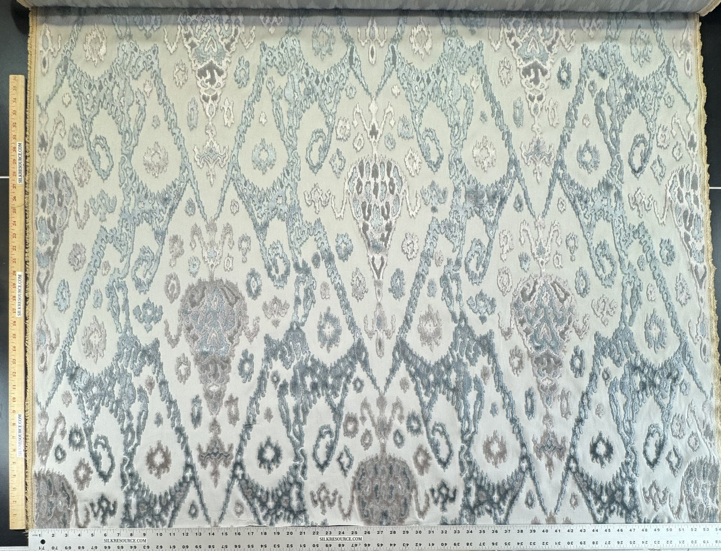 Scalamandre  Tai Lao Mist Blue Brown Velvet Ikat Paisley Viscose Cotton MSRP USD 532/y