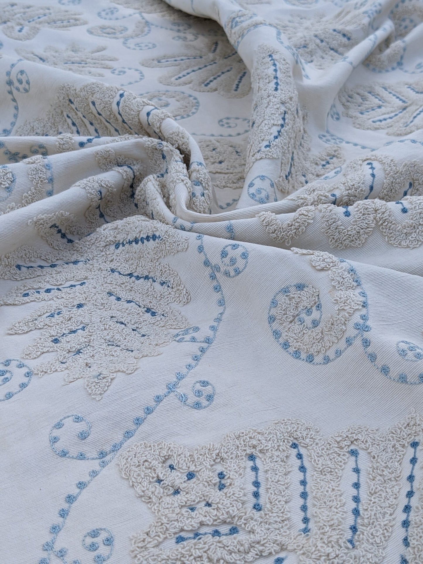 Scalamandre  Fossils Blue Embroidery Fern Trilobite Paisley Heavy Cotton Blue on White MSRP USD372/y