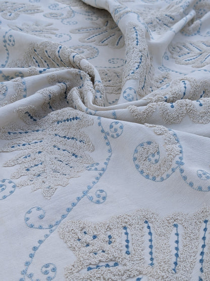 Scalamandre  Fossils Blue Embroidery Fern Trilobite Paisley Heavy Cotton Blue on White MSRP USD372/y