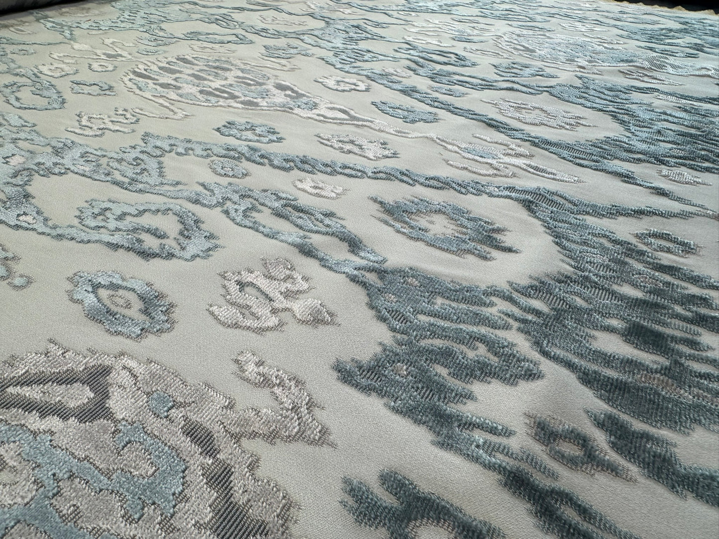 Scalamandre  Tai Lao Mist Blue Brown Velvet Ikat Paisley Viscose Cotton MSRP USD 532/y