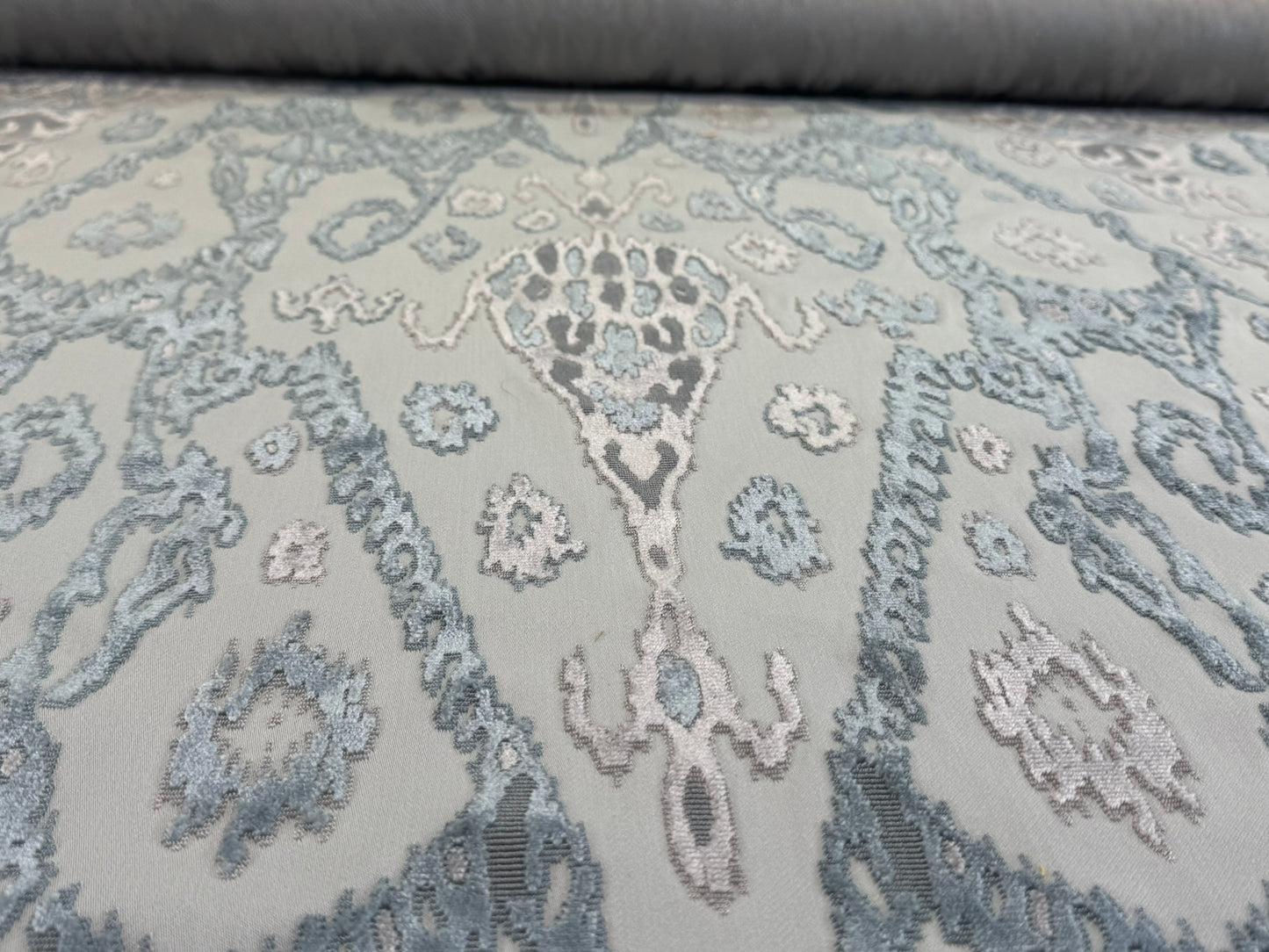 Scalamandre  Tai Lao Mist Blue Brown Velvet Ikat Paisley Viscose Cotton MSRP USD 532/y