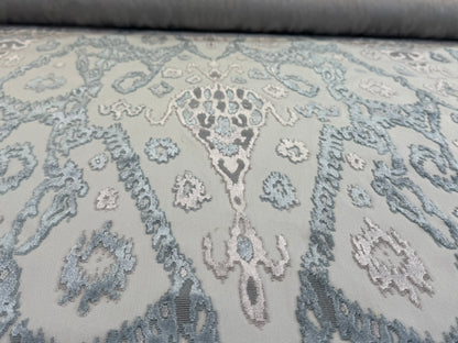 Scalamandre  Tai Lao Mist Blue Brown Velvet Ikat Paisley Viscose Cotton MSRP USD 532/y