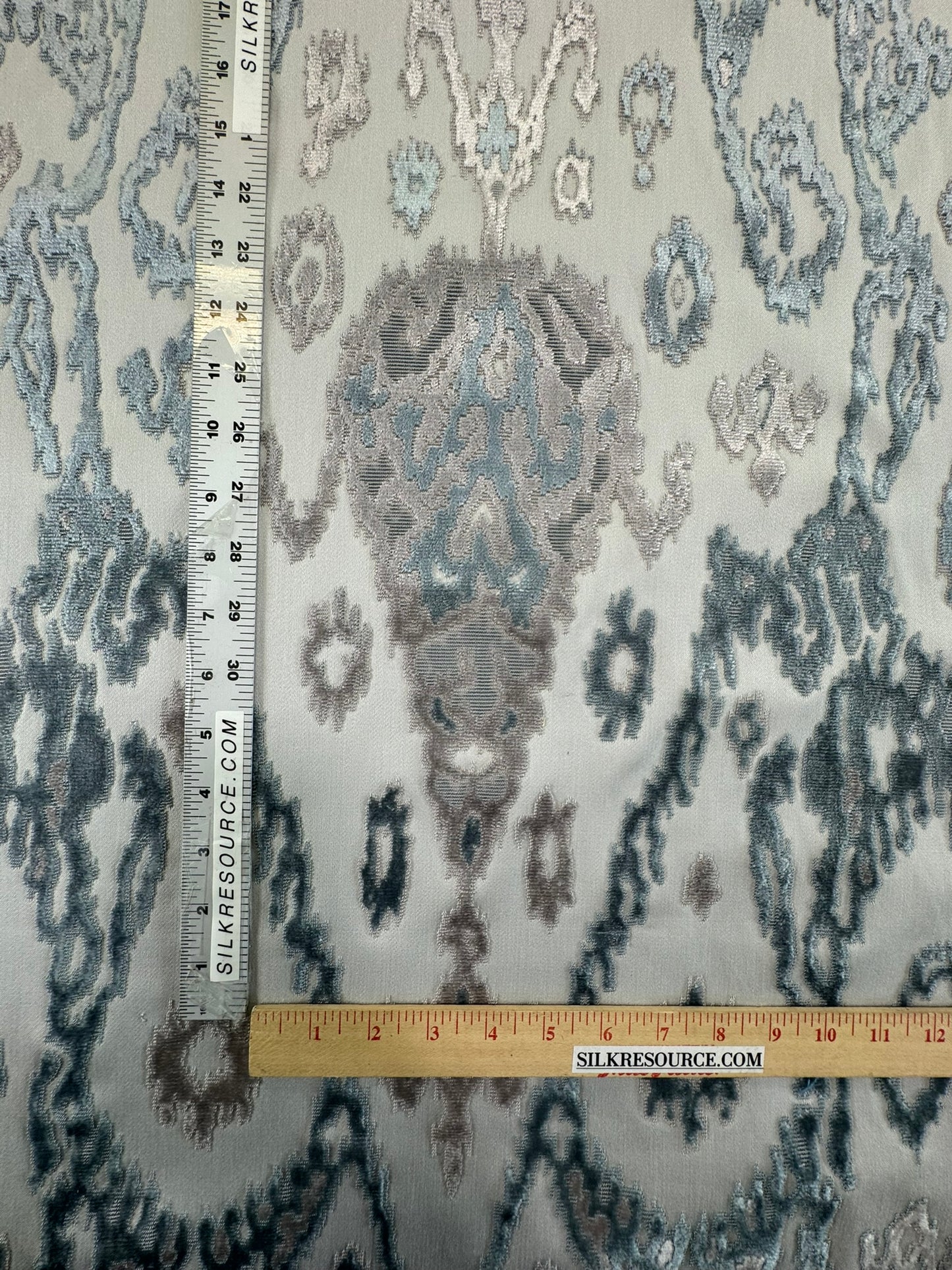 Scalamandre  Tai Lao Mist Blue Brown Velvet Ikat Paisley Viscose Cotton MSRP USD 532/y