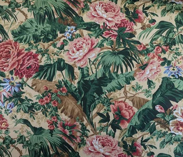 Historical Bella Flora Tropical Floral Chintz Linen Cotton Print Fabric- Pink on  Beige from UK