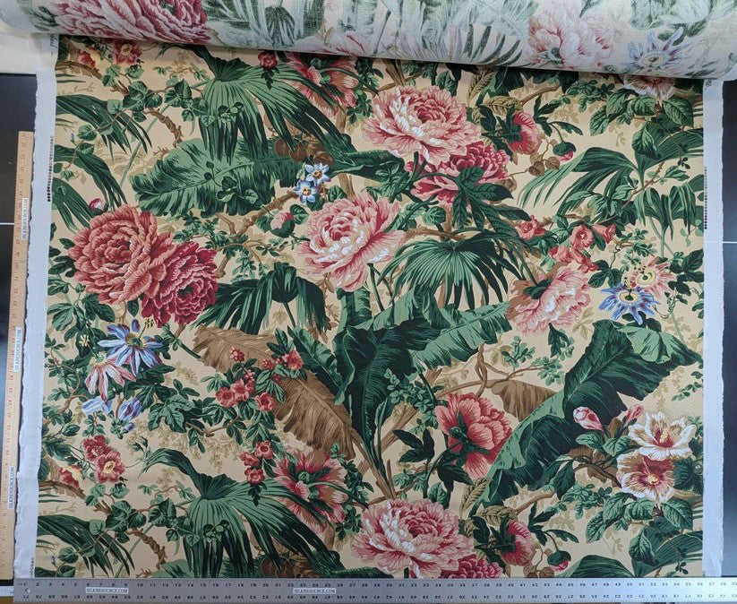 Historical Bella Flora Tropical Floral Chintz Linen Cotton Print Fabric- Pink on  Beige from UK