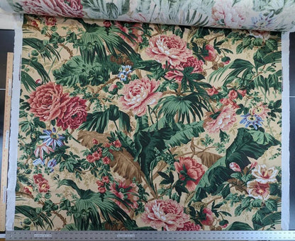 Historical Bella Flora Tropical Floral Chintz Linen Cotton Print Fabric- Pink on  Beige from UK