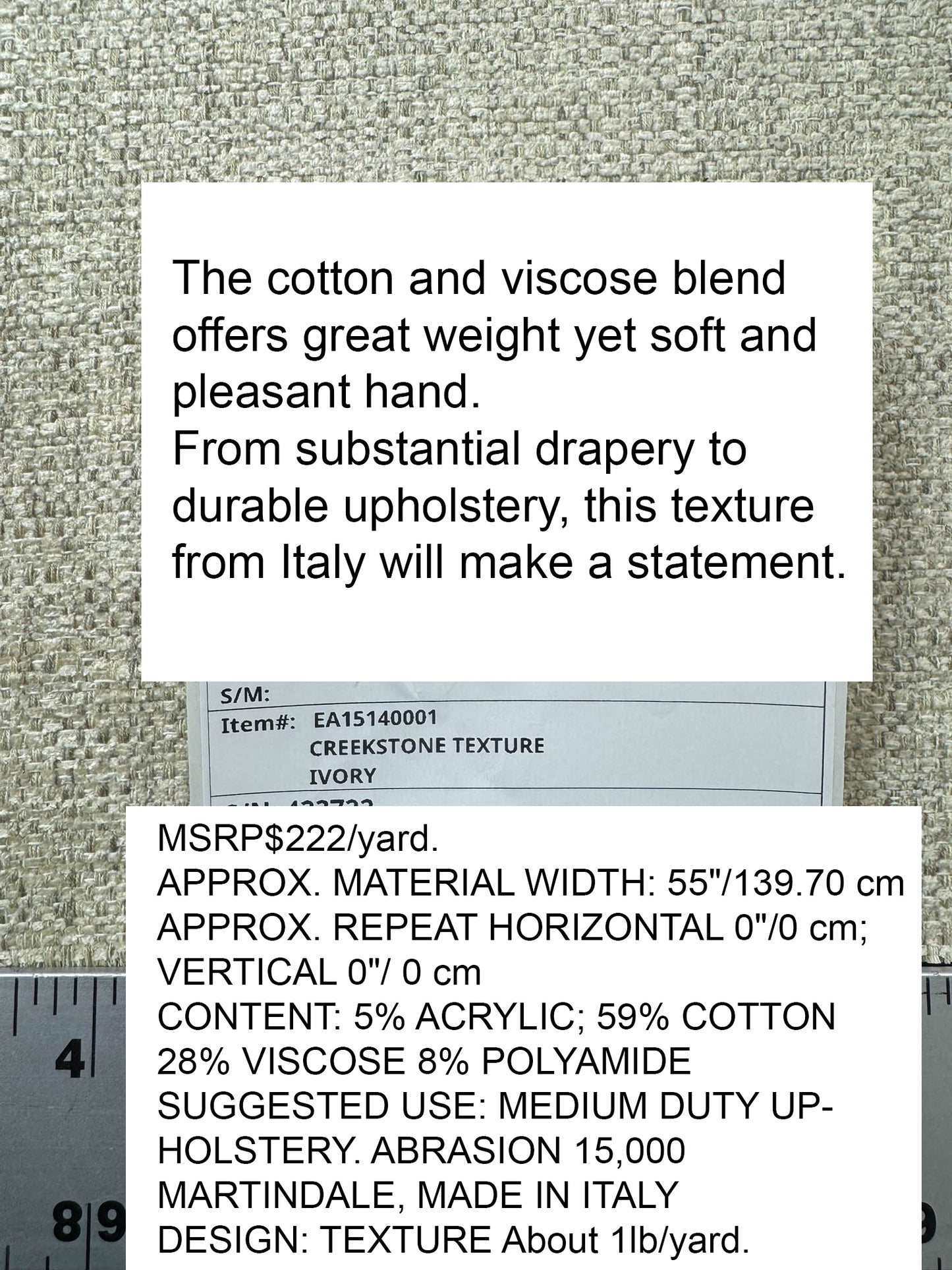 Scalamandre Creekstone Texture Ivory Heavy Chenille - By The Yard - MSRP USD 222/Y