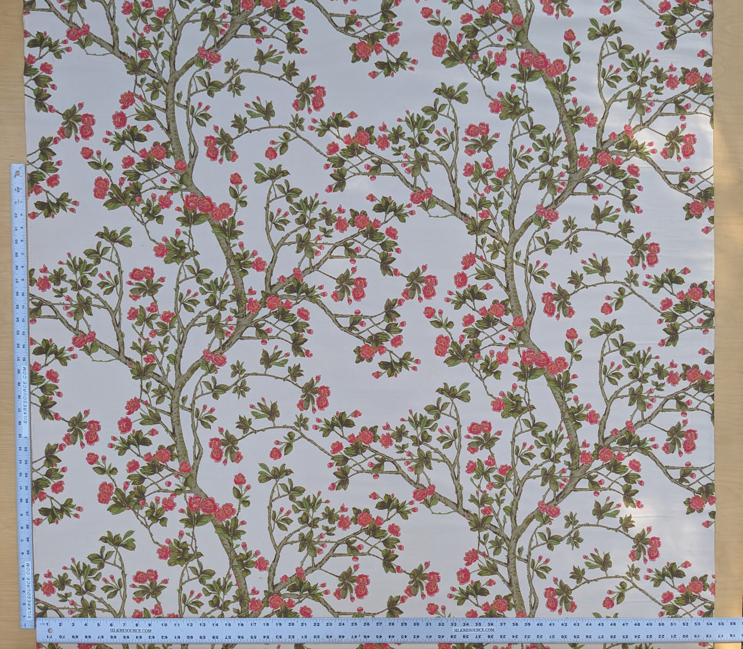 Scalamandre  KNOLLWOOD CORAL PEAR Silk Print Cherry Blossom Tree in Spring Pink Green by Old World Weavers  MSRP USD320/y