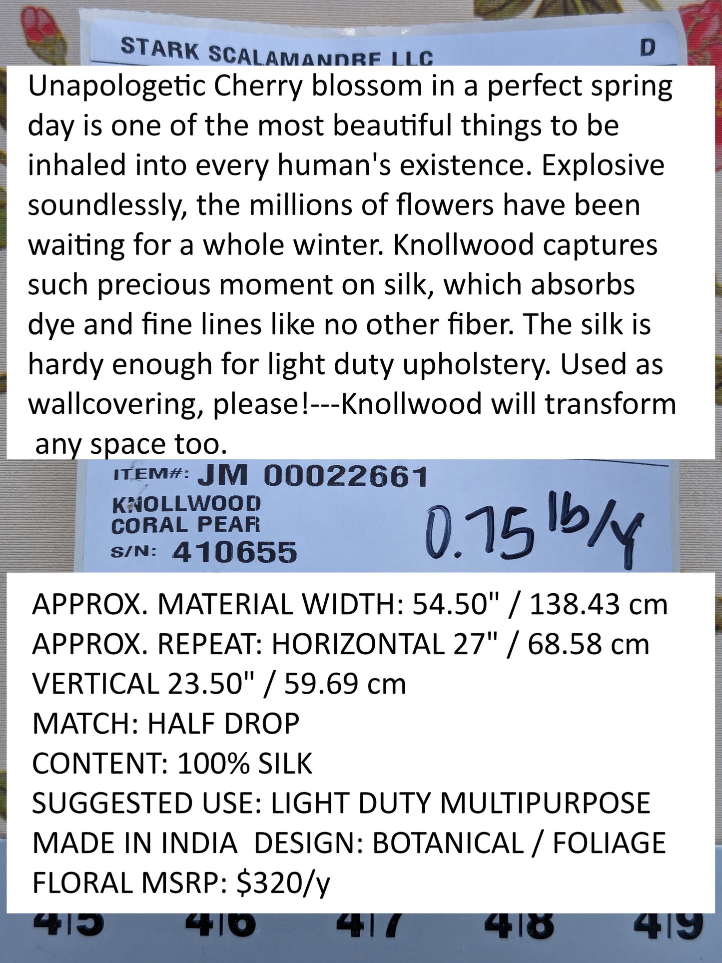 Scalamandre  KNOLLWOOD CORAL PEAR Silk Print Cherry Blossom Tree in Spring Pink Green by Old World Weavers  MSRP USD320/y