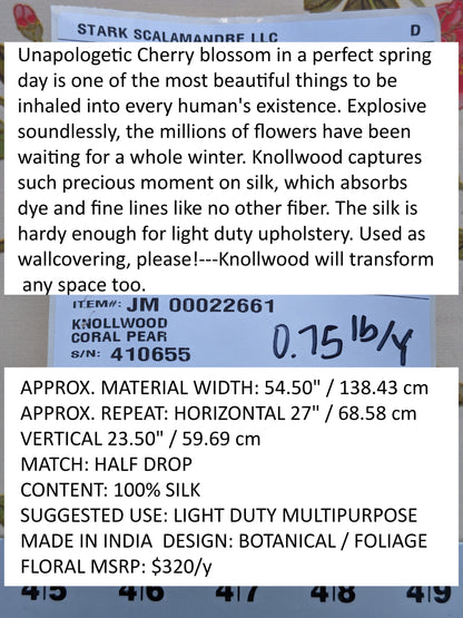 Scalamandre  KNOLLWOOD CORAL PEAR Silk Print Cherry Blossom Tree in Spring Pink Green by Old World Weavers  MSRP USD320/y