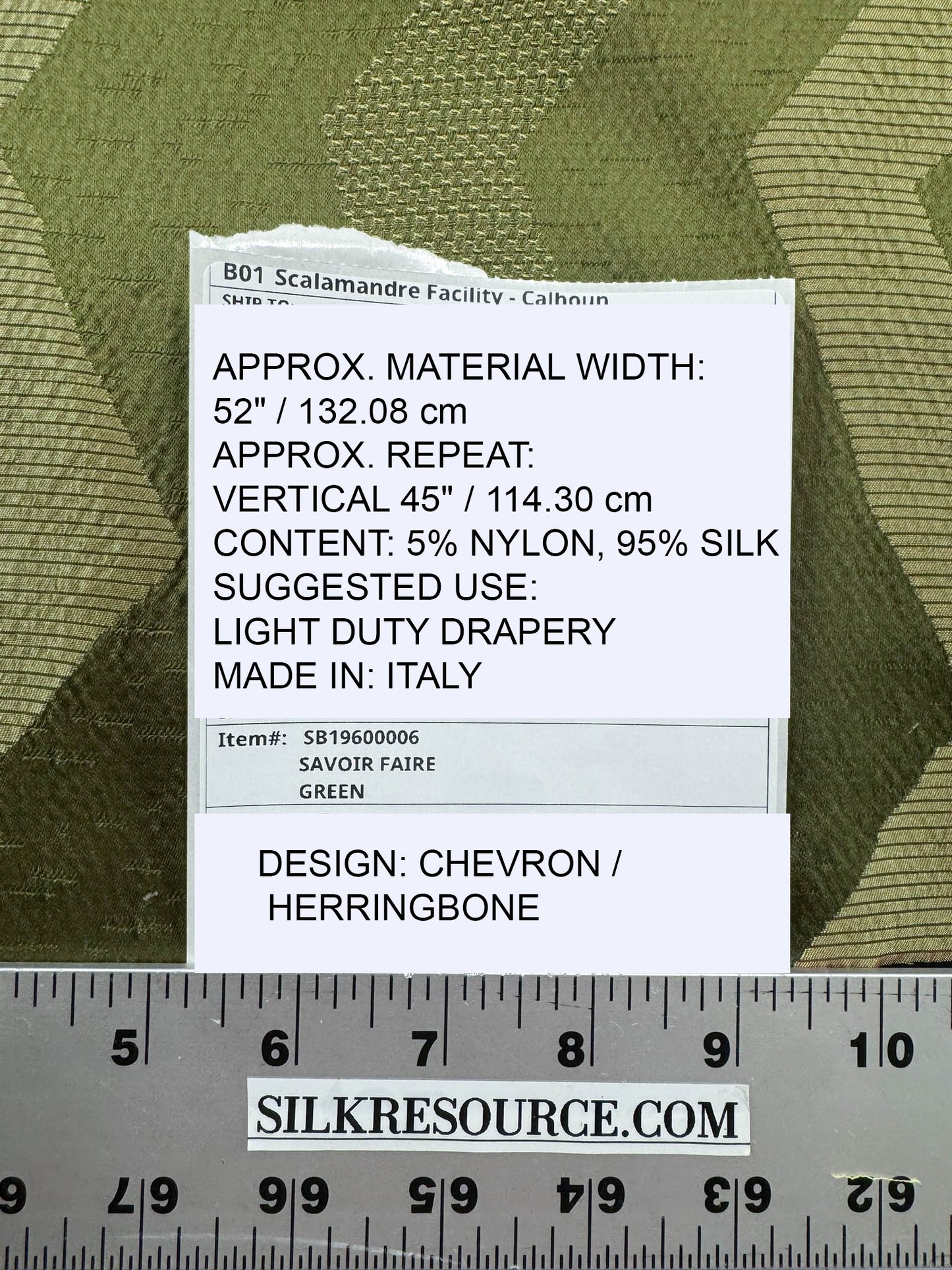 Scalamandre Savoir Faire Green Olive Chartreuse Chevron Silk - By The Yard - MSRP USD 264/y