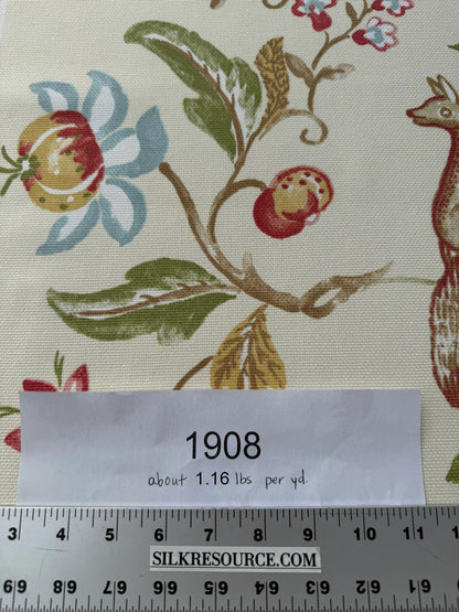 Scalamandre Westchester Cream Green Red Blue Animal Fox Bunny Bird Deer Duck Print Heavy Cotton - By The Yard - MSRP USD 192/Y