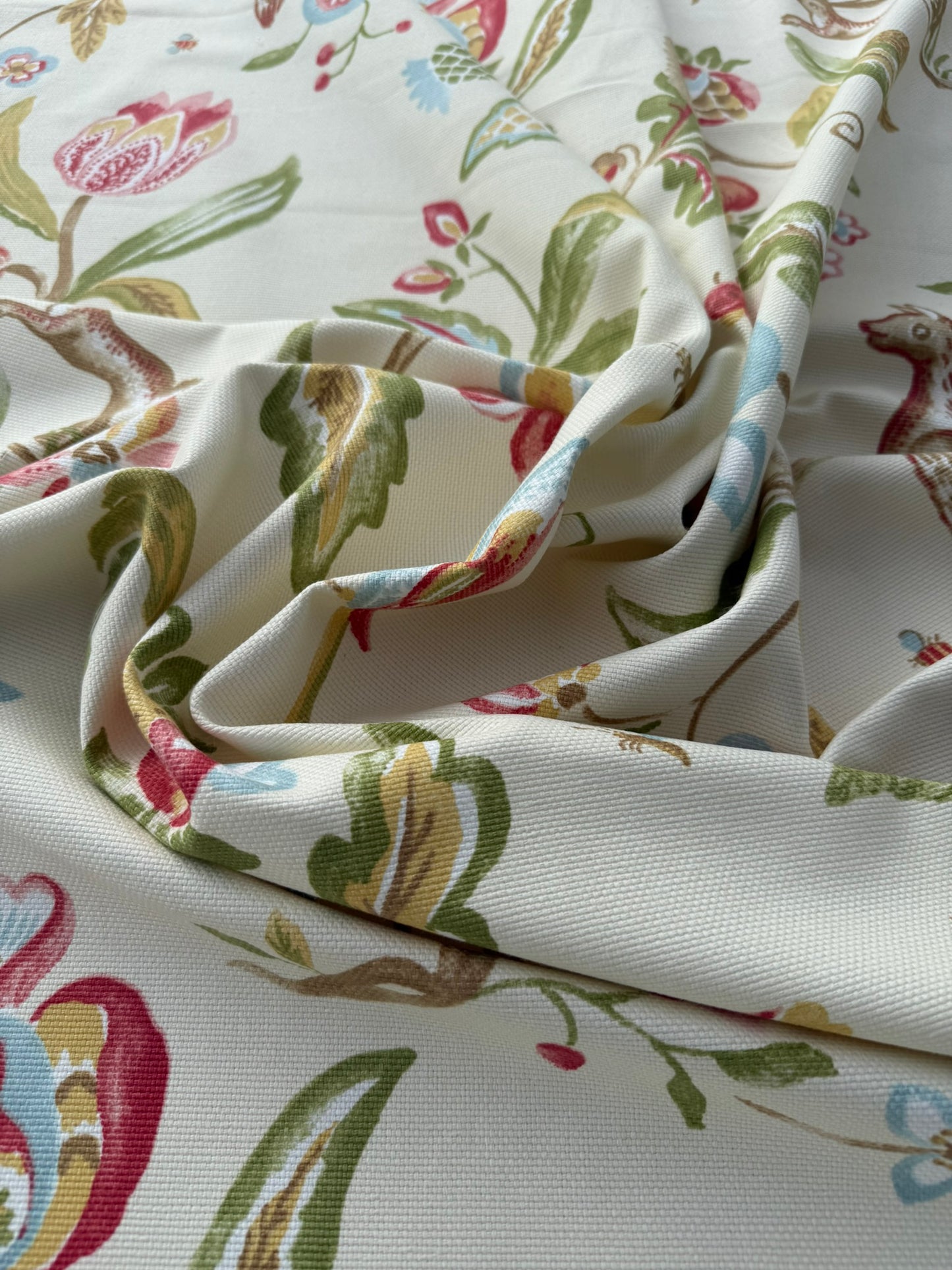 Scalamandre Westchester Cream Green Red Blue Animal Fox Bunny Bird Deer Duck Print Heavy Cotton - By The Yard - MSRP USD 192/Y