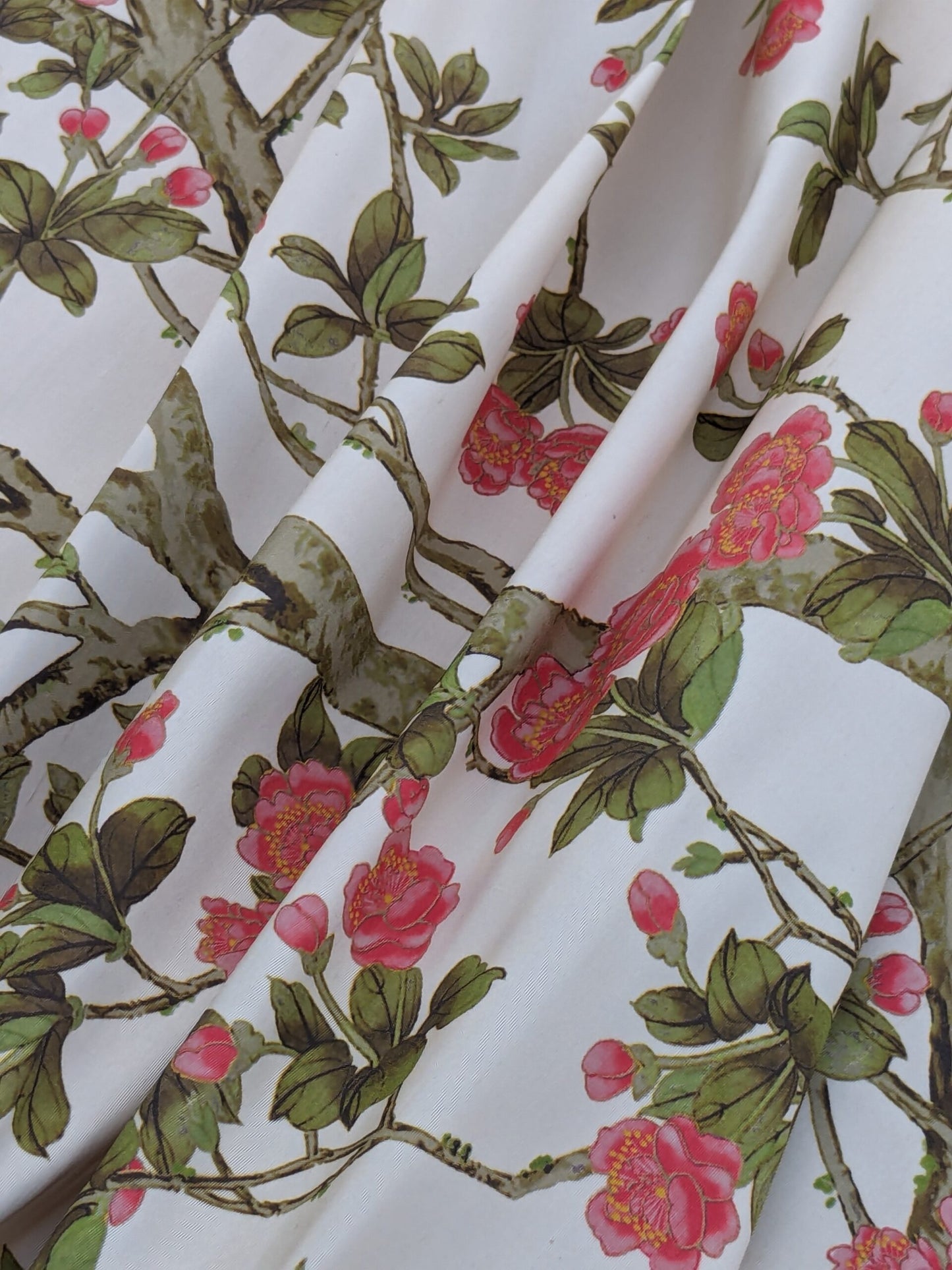 Scalamandre  KNOLLWOOD CORAL PEAR Silk Print Cherry Blossom Tree in Spring Pink Green by Old World Weavers  MSRP USD320/y