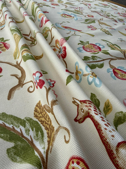 Scalamandre Westchester Cream Green Red Blue Animal Fox Bunny Bird Deer Duck Print Heavy Cotton - By The Yard - MSRP USD 192/Y