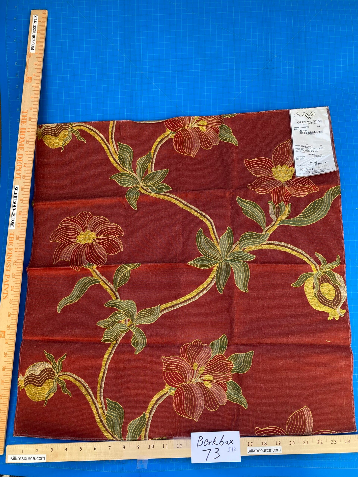 9 Berkbox73 Square Silk by Grey Watkins Caserta Lampas Red Botanical Tree Foliage MSRP USD 496/y