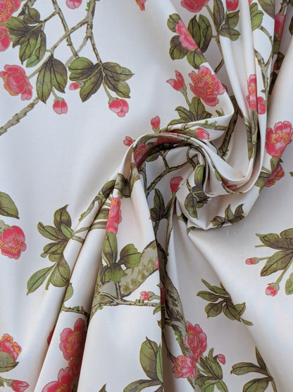 Scalamandre  KNOLLWOOD CORAL PEAR Silk Print Cherry Blossom Tree in Spring Pink Green by Old World Weavers  MSRP USD320/y