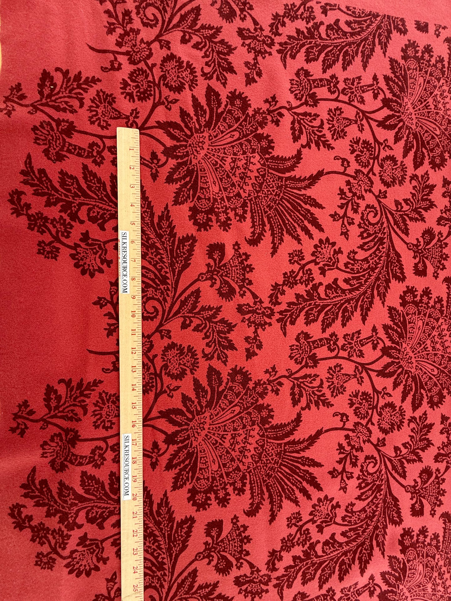 Scalamandre Monique in Red Jacobean Printed Felt Floral Brown On Red - By The Yard - MSRP USD290/y