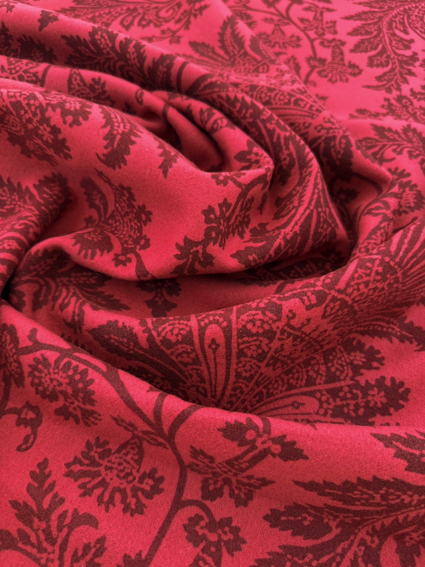 Scalamandre Monique in Red Jacobean Printed Felt Floral Brown On Red - By The Yard - MSRP USD290/y
