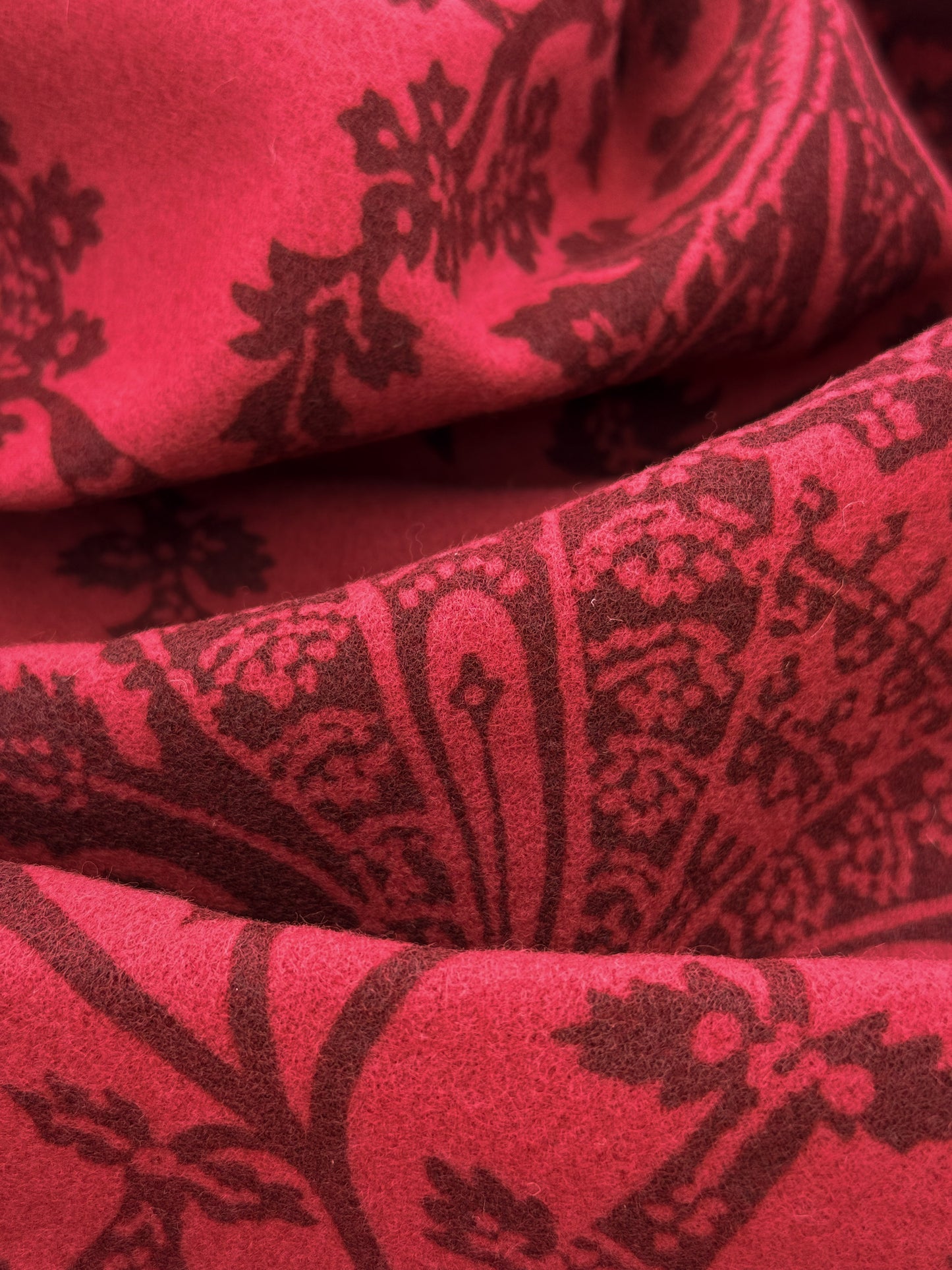 Scalamandre Monique in Red Jacobean Printed Felt Floral Brown On Red - By The Yard - MSRP USD290/y